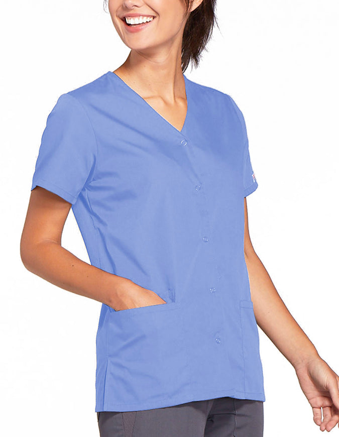 Cherokee Workwear 26.5 Inch Women's Snap Front Scrub Top Ciel Blue