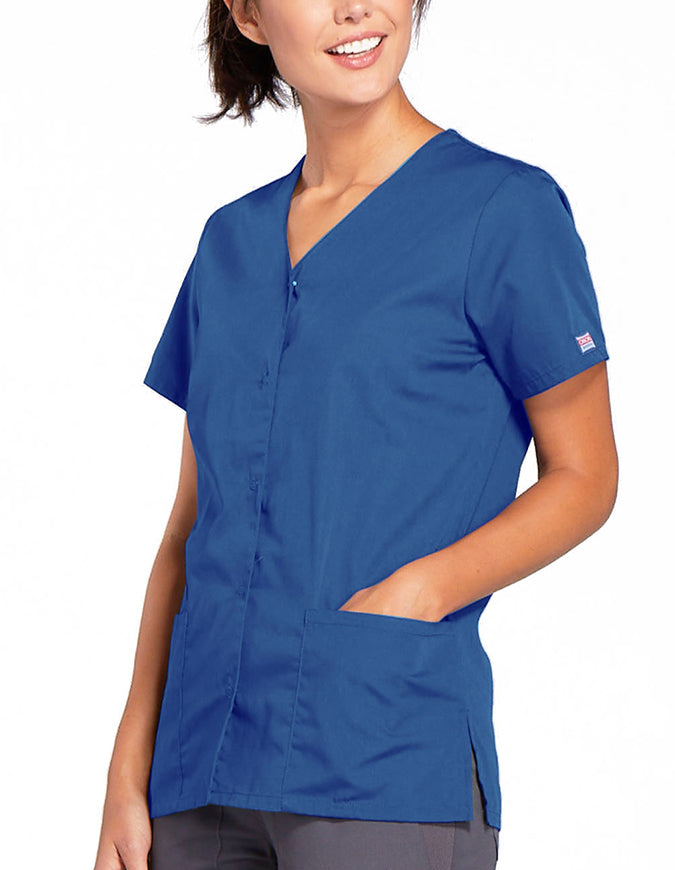 Cherokee Workwear 26.5 Inch Women's Snap Front Scrub Top Galaxy Blue