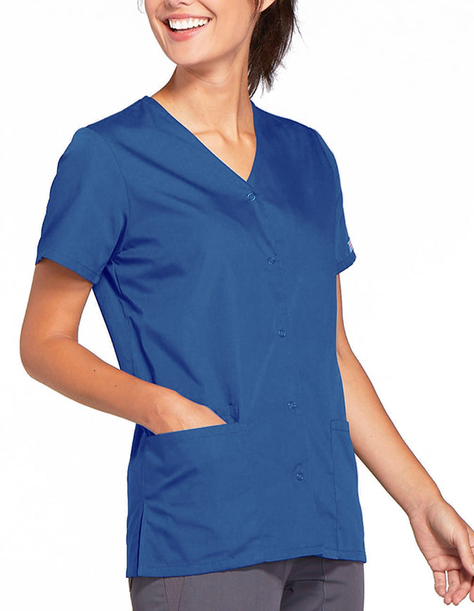 Cherokee Workwear 26.5 Inch Women's Snap Front Scrub Top Galaxy Blue