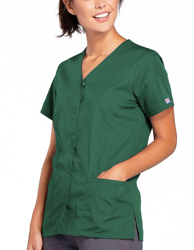 Cherokee Workwear 26.5 Inch Women's Snap Front Scrub Top Hunter Green