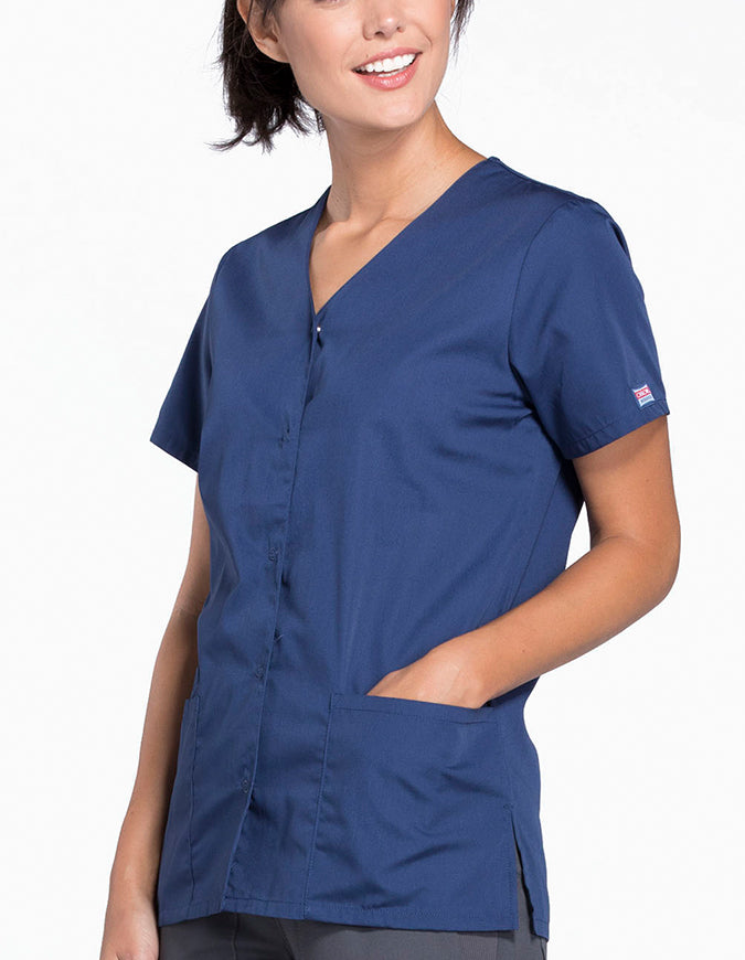 Cherokee Workwear 26.5 Inch Women's Snap Front Scrub Top Navy