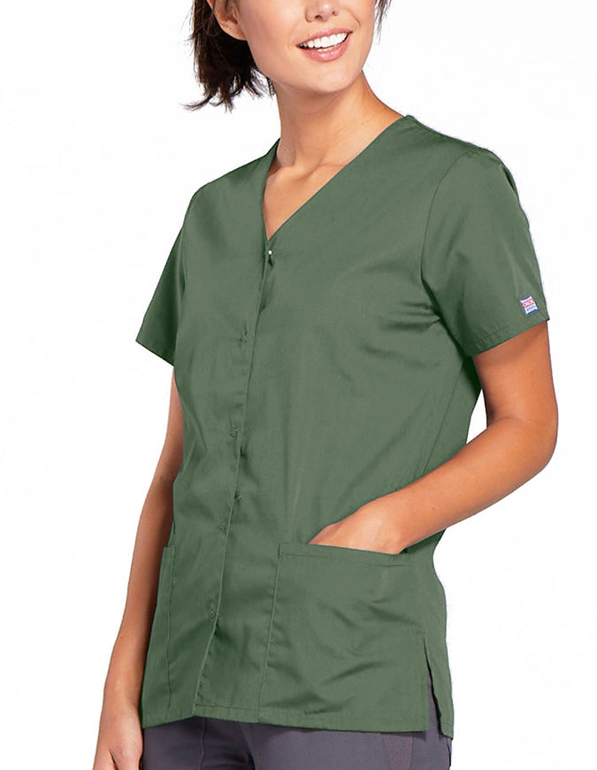 Cherokee Workwear 26.5 Inch Women's Snap Front Scrub Olive