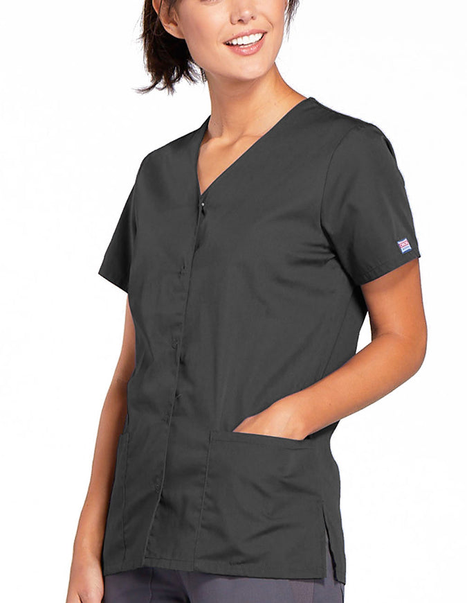 Cherokee Workwear 26.5 Inch Women's Snap Front Scrub Top Pewter