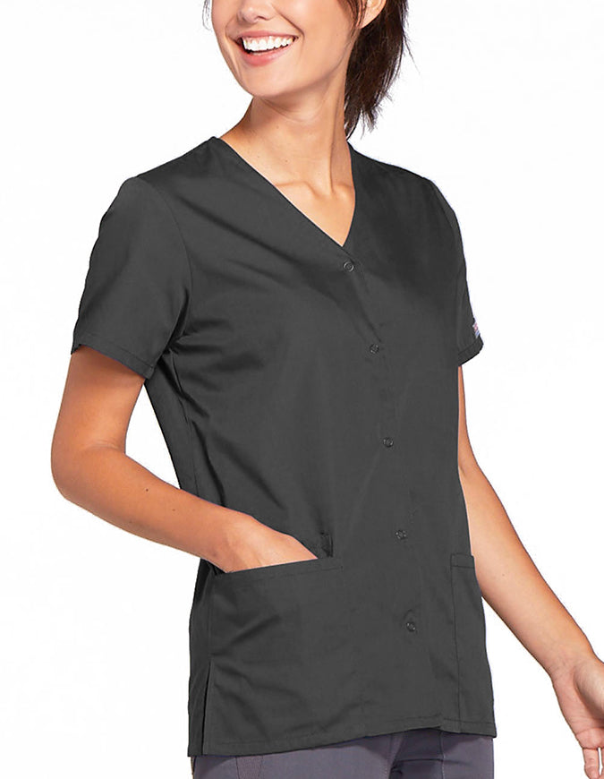 Cherokee Workwear 26.5 Inch Women's Snap Front Scrub Top Pewter