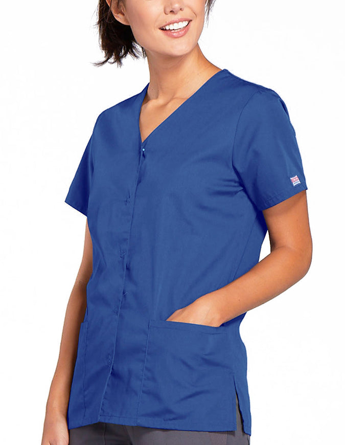 Cherokee Workwear 26.5 Inch Women's Snap Front Scrub Top Galaxy Blue