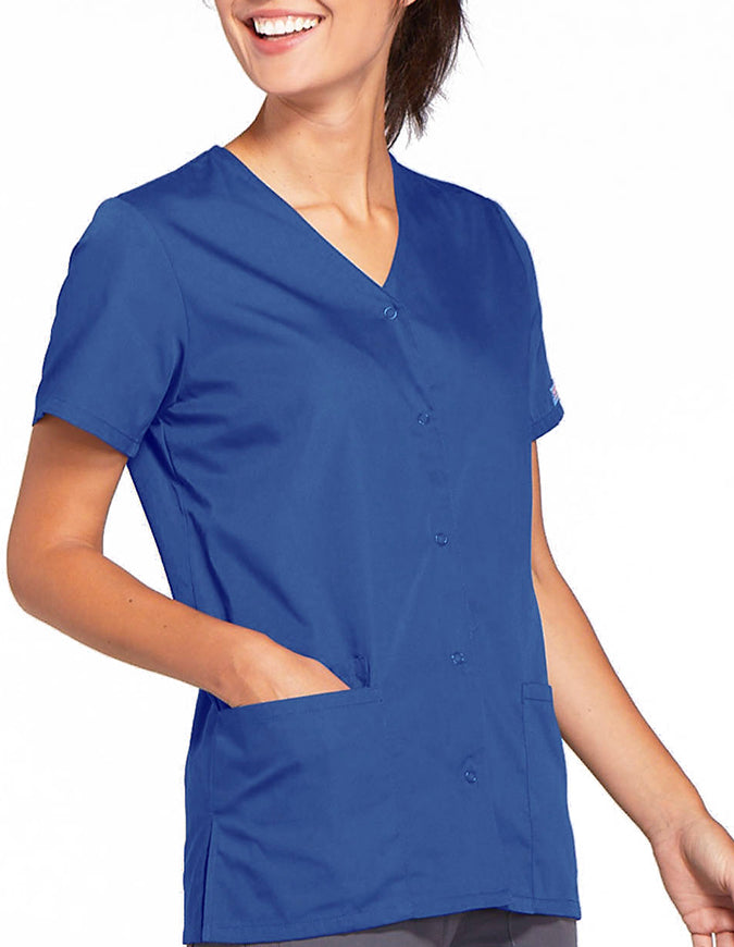 Cherokee Workwear 26.5 Inch Women's Snap Front Scrub Top Galaxy Blue