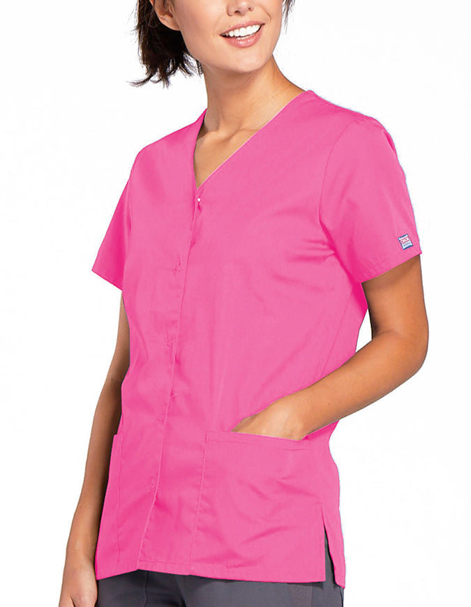 Cherokee Workwear 26.5 Inch Women's Snap Front Scrub Top Shocking Pink