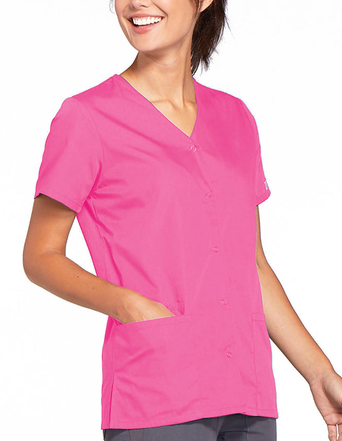 Cherokee Workwear 26.5 Inch Women's Snap Front Scrub Top Shocking Pink