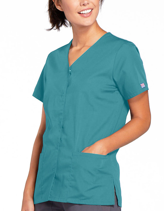 Cherokee Workwear 26.5 Inch Women's Snap Front Scrub Top Teal Blue