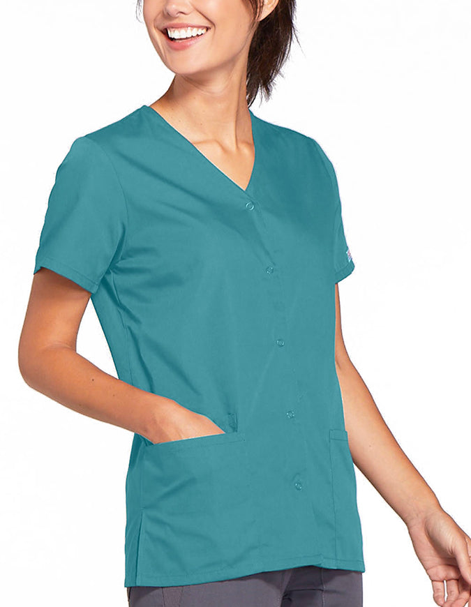 Cherokee Workwear 26.5 Inch Women's Snap Front Scrub Top Teal Blue