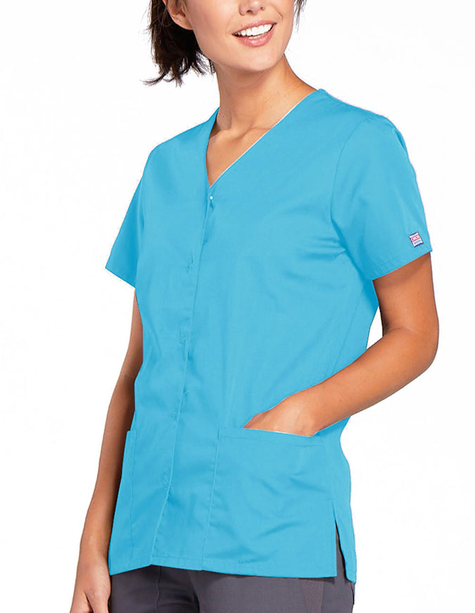 Cherokee Workwear 26.5 Inch Women's Snap Front Scrub Top Turquoise