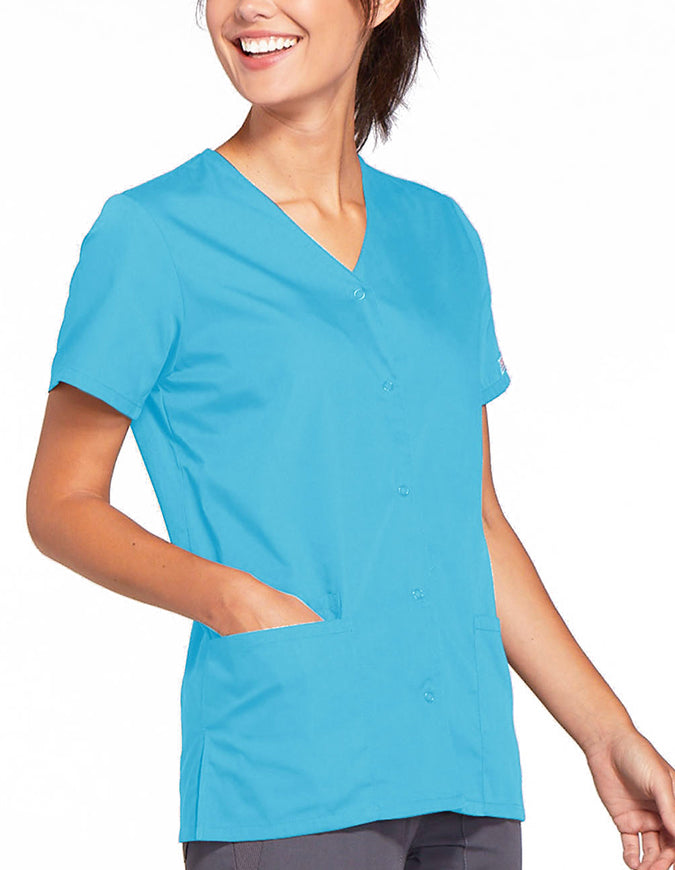 Cherokee Workwear 26.5 Inch Women's Snap Front Scrub Top Turquoise