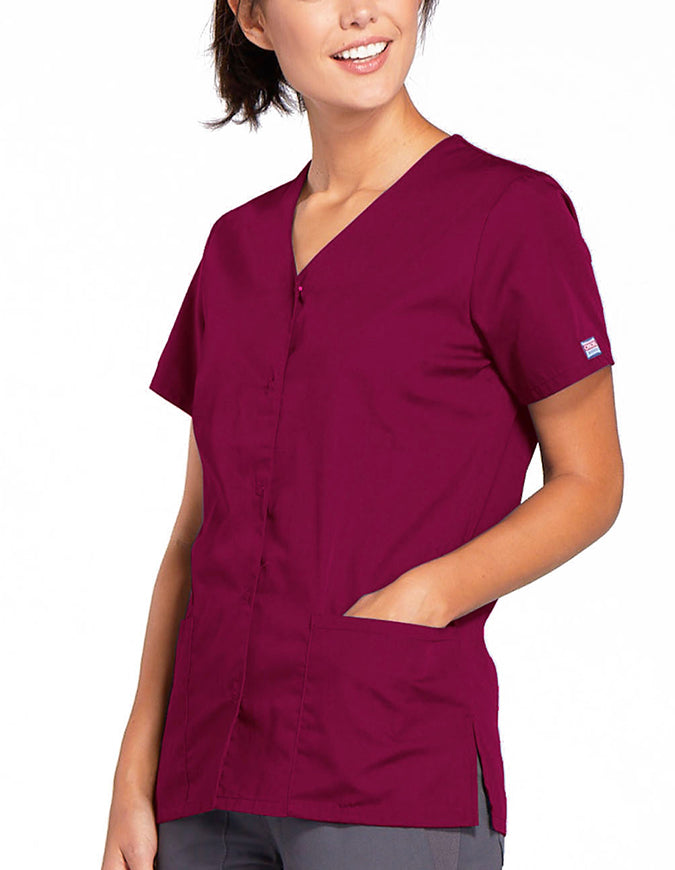 Cherokee Workwear 26.5 Inch Women's Snap Front Scrub Top Wine