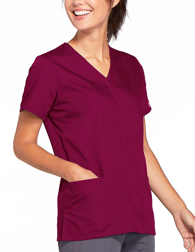 Cherokee Workwear 26.5 Inch Women's Snap Front Scrub Top Wine