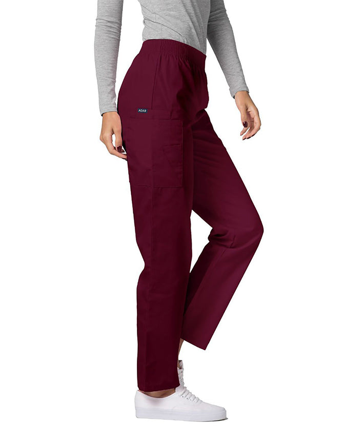 Adar 30 Inch Women Elastic Waist Cargo Scrub Pants Burgundy