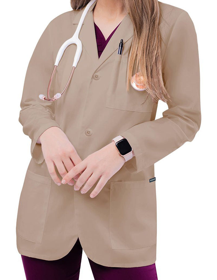 Adar 30 Inch Unisex Three Pocket Consultation Short Lab Coat - Khaki