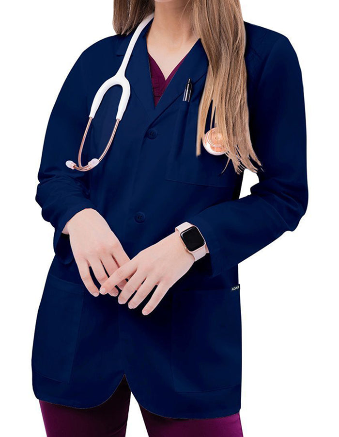 Adar 30 Inch Unisex Three Pocket Consultation Short Lab Coat - Navy