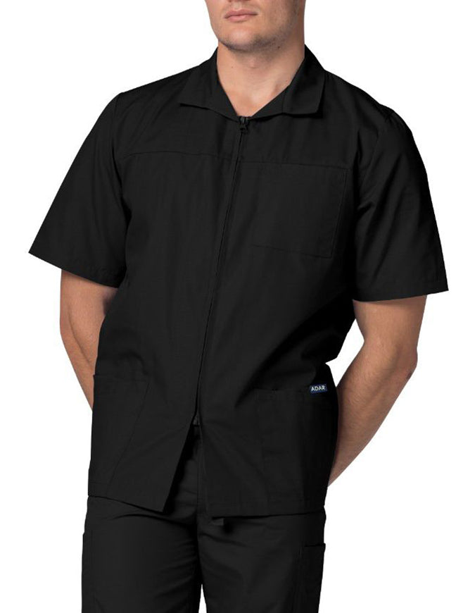 Adar 29 Inch Men Zippered Short Sleeve Colored Medical Scrub Jacket - black