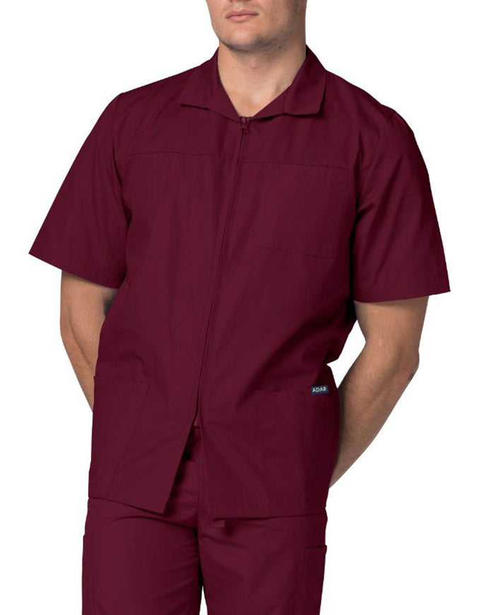 Adar 29 Inch Men Zippered Short Sleeve Colored Medical Scrub Jacket - Burgundy