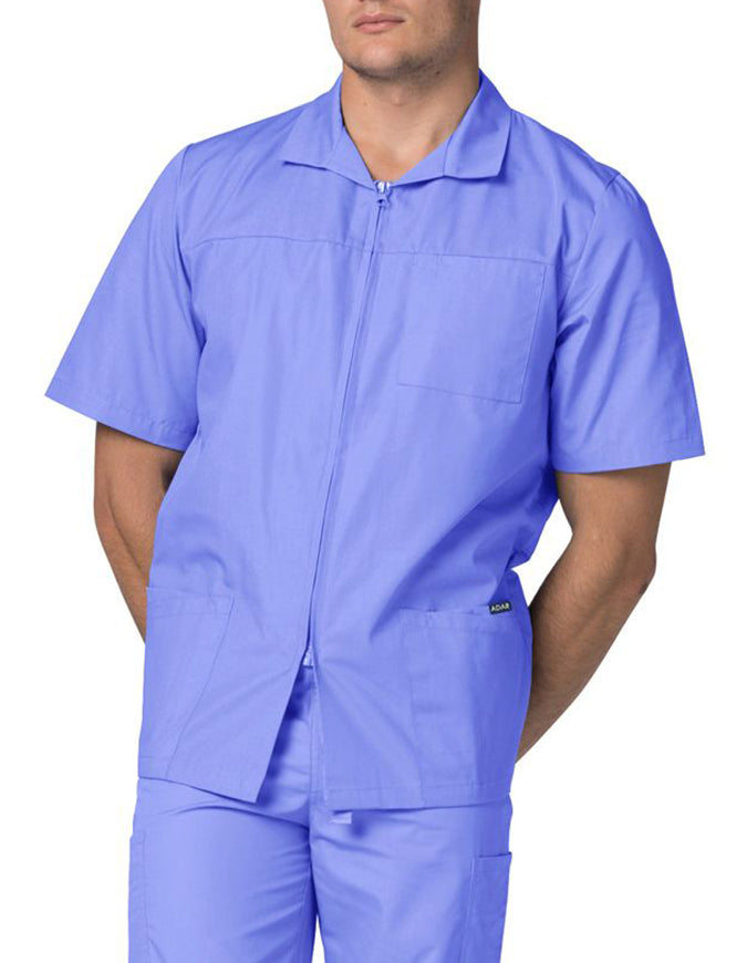 Adar 29 Inch Men Zippered Short Sleeve Colored Medical Scrub Jacket - ciel