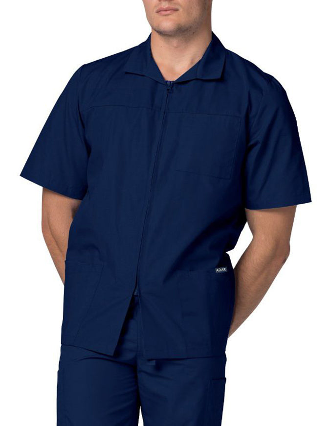 Adar 29 Inch Men Zippered Short Sleeve Colored Medical Scrub Jacket - Navy