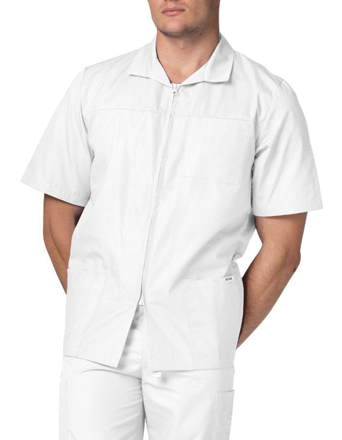 Adar 29 Inch Men Zippered Short Sleeve Colored Medical Scrub Jacket - white