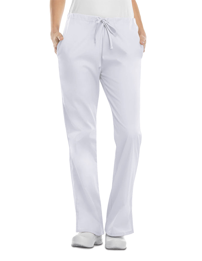 Cherokee Workwear 31 Inch Womens Drawstring Low Rise Flare Leg Pant - White