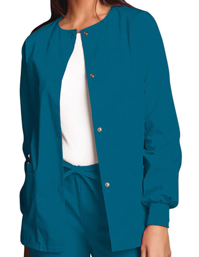 Cherokee Workwear 27.5 Inch Women's Snap Front Warm-Up Scrub Jacket Caribbean Blue