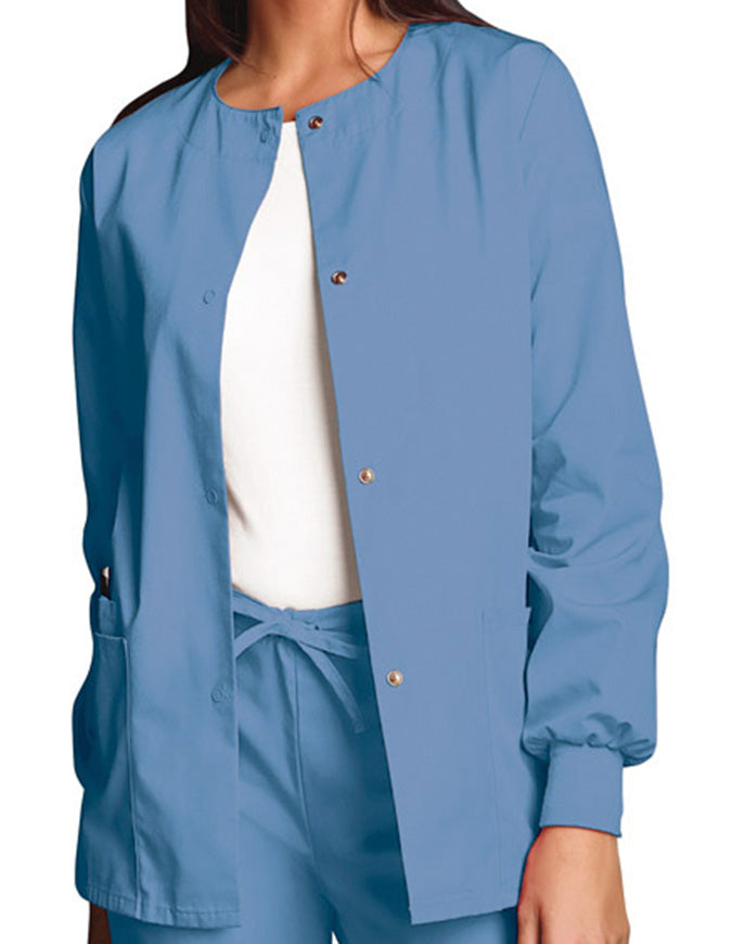 Cherokee Workwear 27.5 Inch Women's Snap Front Warm-Up Scrub Jacket Ciel Blue