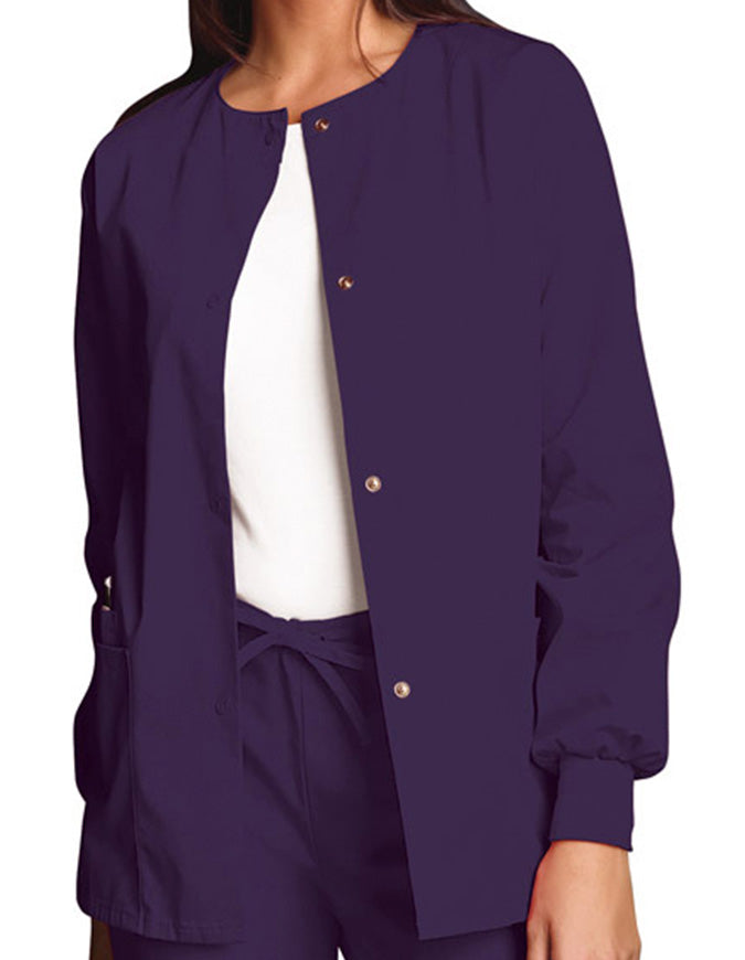 Cherokee Workwear 27.5 Inch Women's Snap Front Warm-Up Scrub Jacket Eggplant