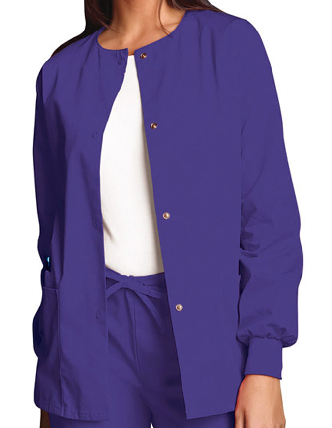 Cherokee Workwear 27.5 Inch Women's Snap Front Warm-Up Scrub Jacket Eggplant