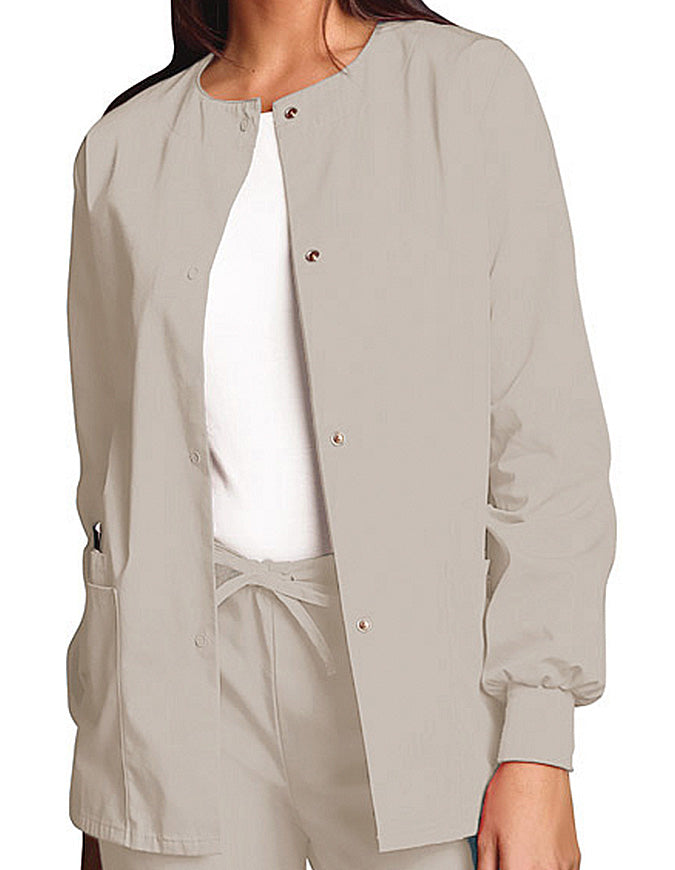 Cherokee Workwear 27.5 Inch Women's Snap Front Warm-Up Scrub Jacket Khaki