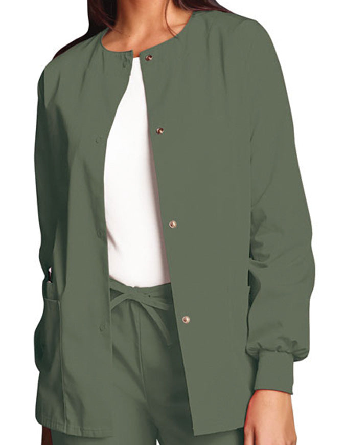 Cherokee Workwear 27.5 Inch Women's Snap Front Warm-Up Scrub Jacket Olive