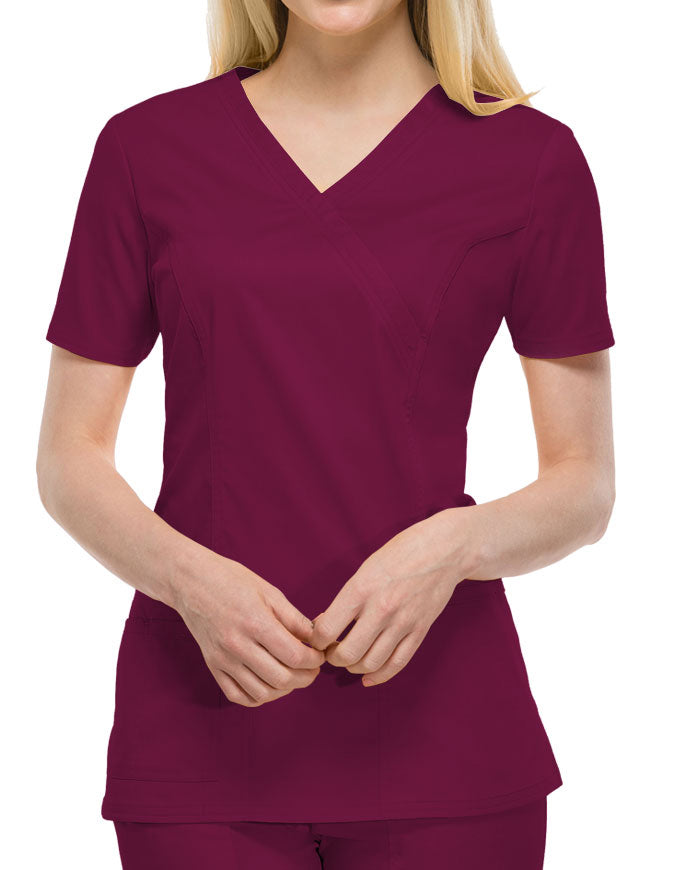 Cherokee Workwear Womens Mock Wrap Scrub Top Wine