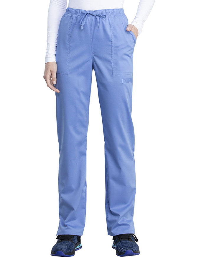 Cherokee Workwear Revolution Tech Women's Mid Rise Straight Leg Drawstring Petite Pant - Ciel Blue