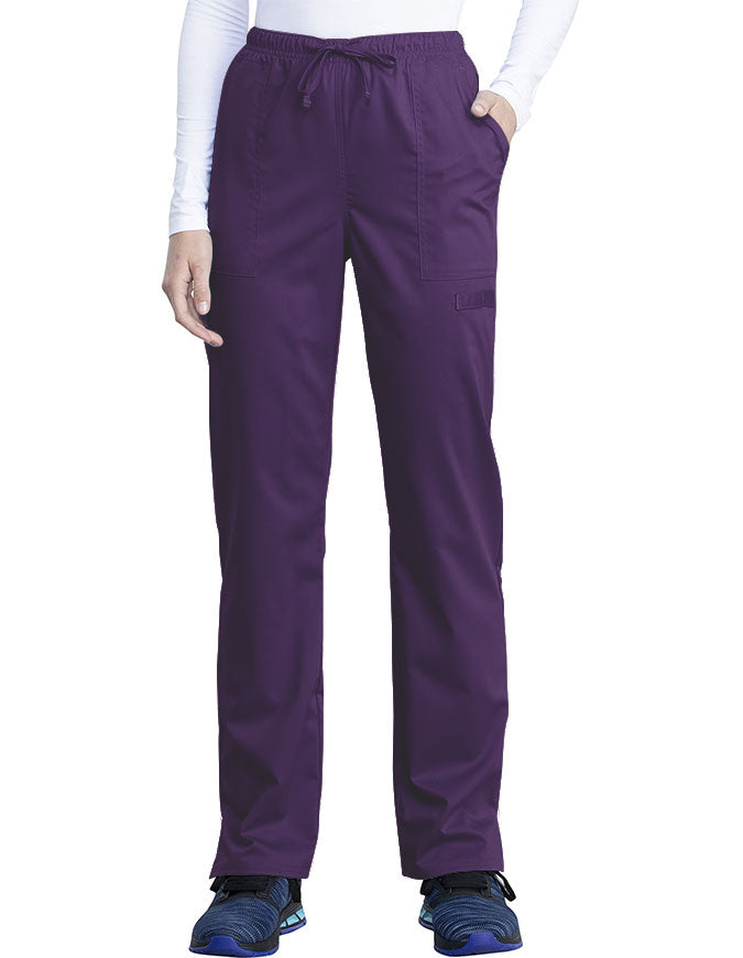 Cherokee Workwear Revolution Tech Women's Mid Rise Straight Leg Drawstring Petite Pant - Eggplant