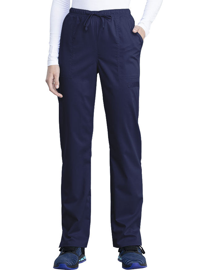 Cherokee Workwear Revolution Tech Women's Mid Rise Straight Leg Drawstring Petite Pant - Navy