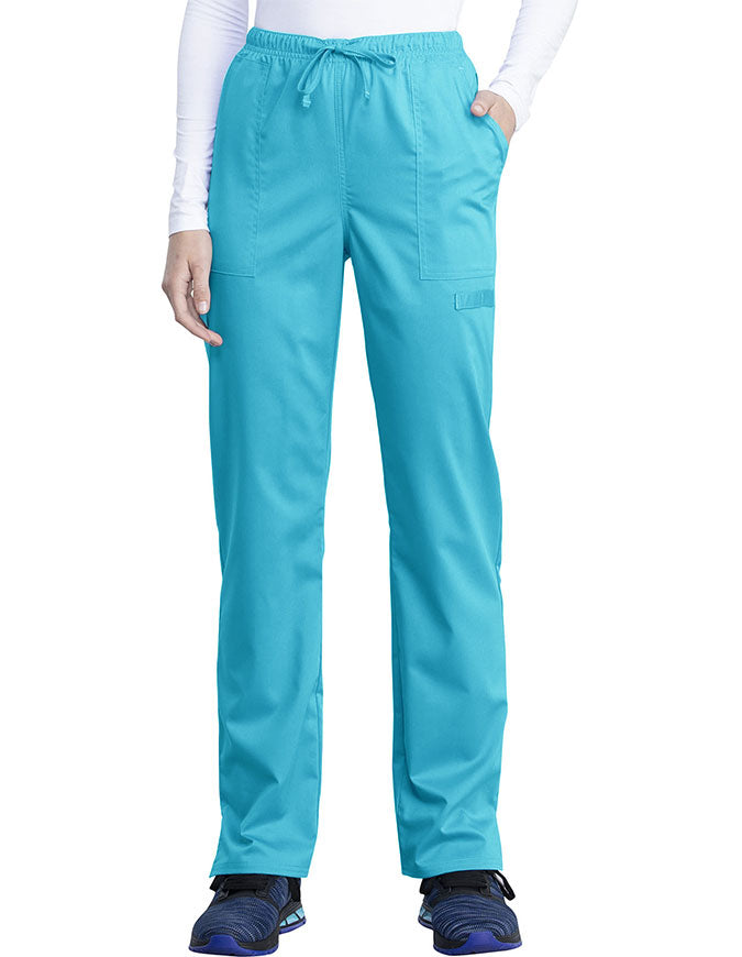 Cherokee Workwear Revolution Tech Women's Mid Rise Straight Leg Drawstring Petite Pant - Teal BLue