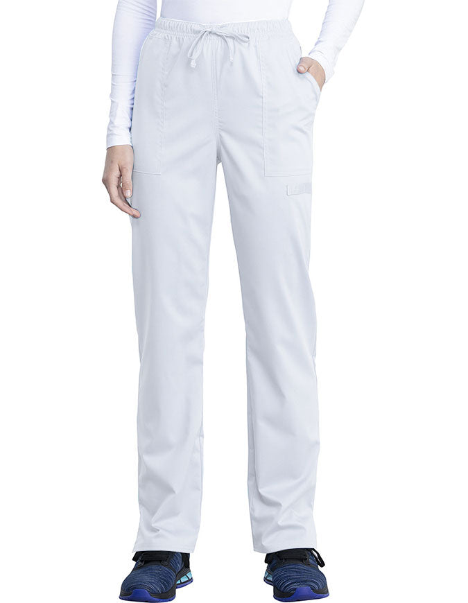 Cherokee Workwear Revolution Tech Women's Mid Rise Straight Leg Drawstring Petite Pant - White