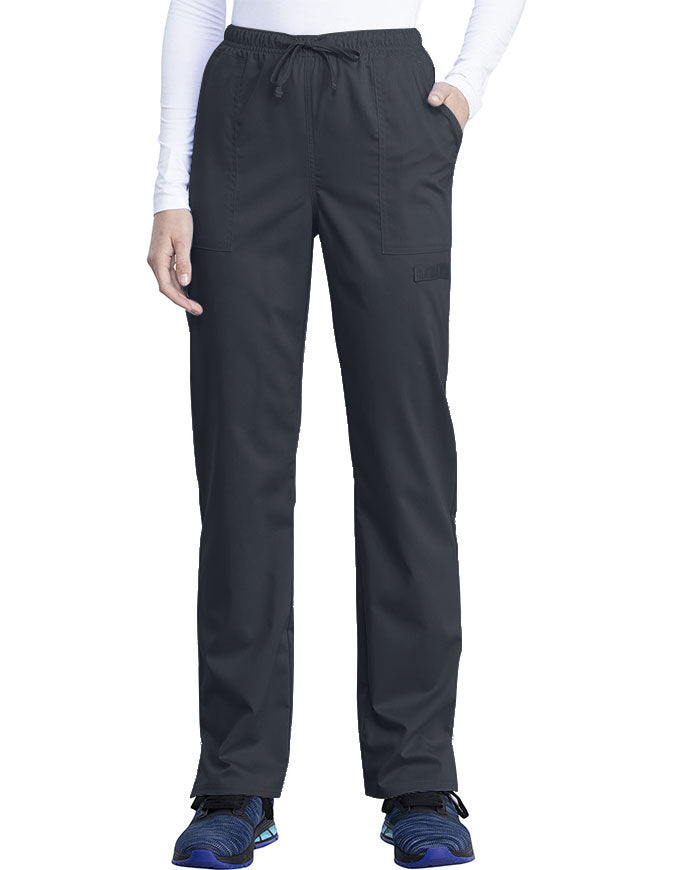 Cherokee Workwear Revolution Tech Women's Mid Rise Straight Leg Drawstring Petite Pant - Pewter