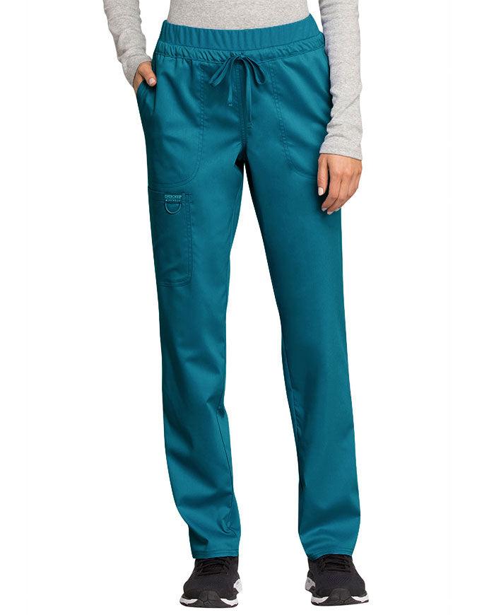 Cherokee Workwear Revolution Women's Mid Rise Tapered Leg Drawstring Petite Pant teal blue