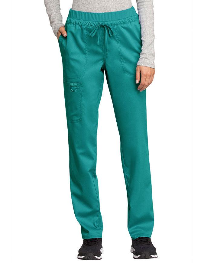 Cherokee Workwear Revolution Women's Mid Rise Tapered Leg Drawstring Petite Pant Teal blue