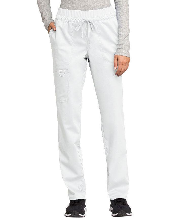 Cherokee Workwear Revolution Women's Mid Rise Tapered Leg Drawstring Petite Pant white