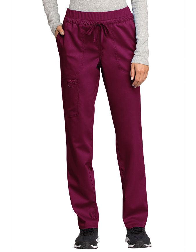 Cherokee Workwear Revolution Women's Mid Rise Tapered Leg Drawstring Petite Pan wine