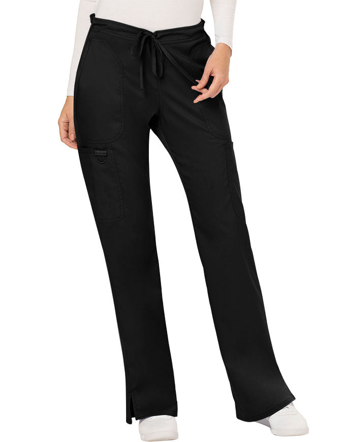 Cherokee Workwear Revolution Womens Mid Rise Moderate Flare Drawstring Pant - Black