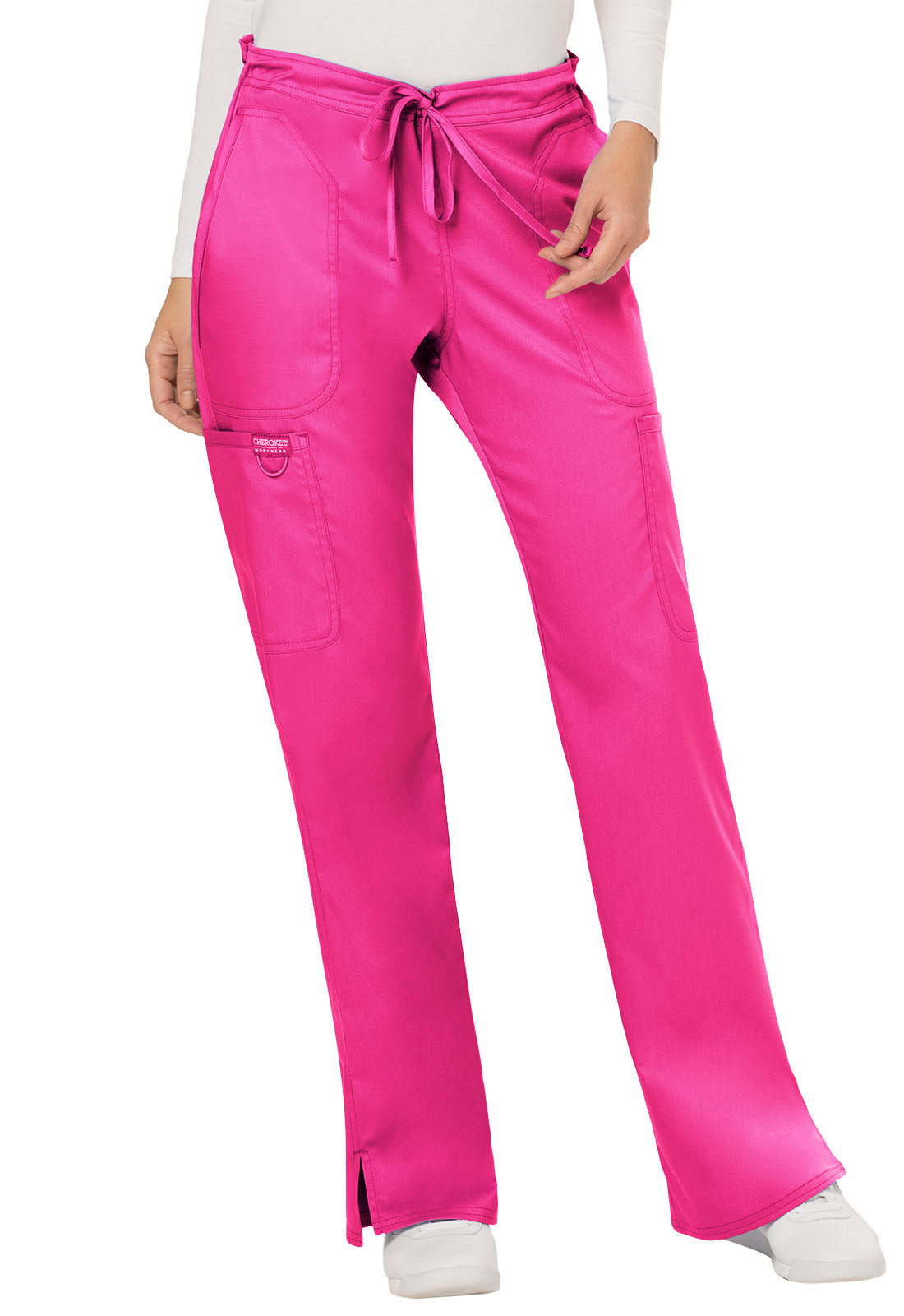 Cherokee Workwear Revolution Womens Mid Rise Moderate Flare Drawstring Pant - Electric Pink