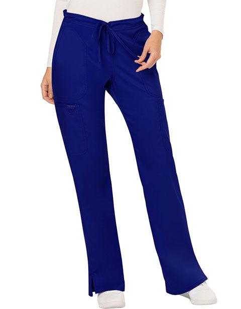 Cherokee Workwear Revolution Womens Mid Rise Moderate Flare Drawstring Petite Pant - Galaxy Blue