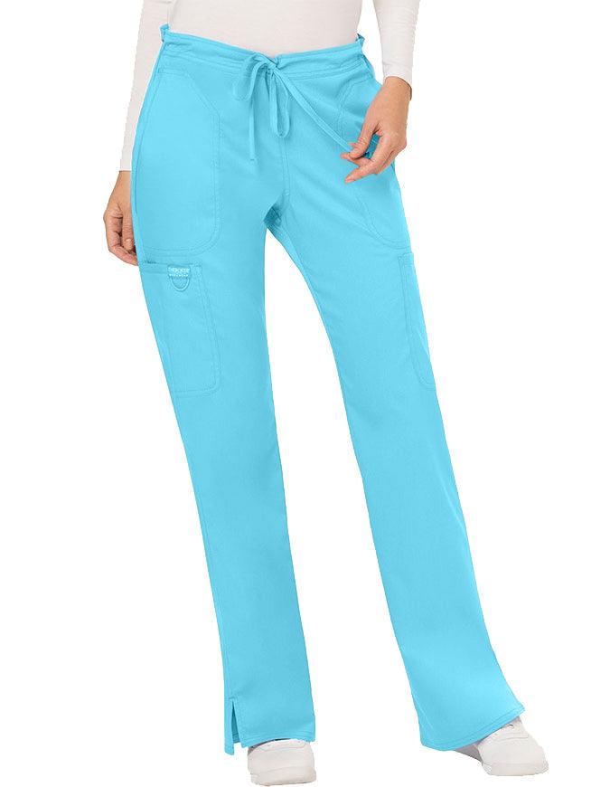 Cherokee Workwear Revolution Womens Mid Rise Moderate Flare Drawstring Petite Pant - Turquoise