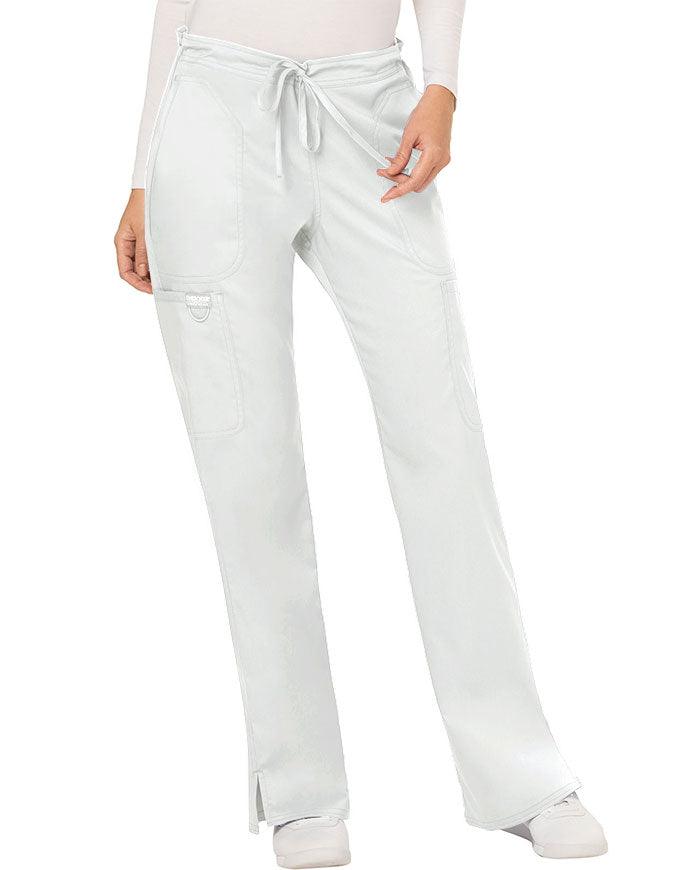 Cherokee Workwear Revolution Womens Mid Rise Moderate Flare Drawstring Petite Pant - White