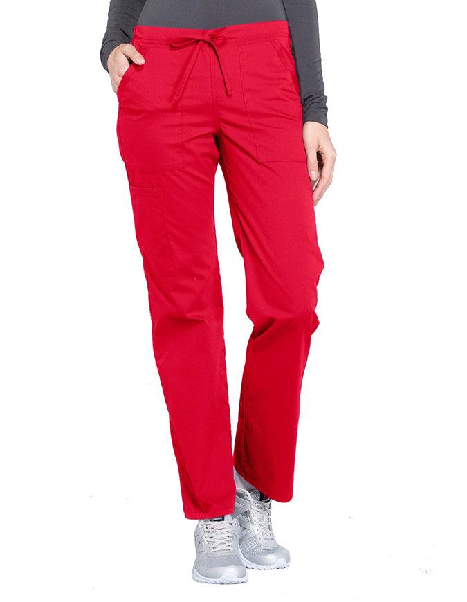 Cherokee Workwear Professionals Women's Drawstring Mid Rise Straight Leg Petite Pant - Red